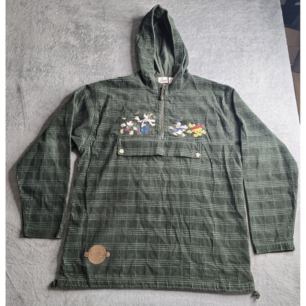 Vtg Disney Store Embroidered Jacket Sz M Green Hooded Pullover 1/4 Zip Oversize